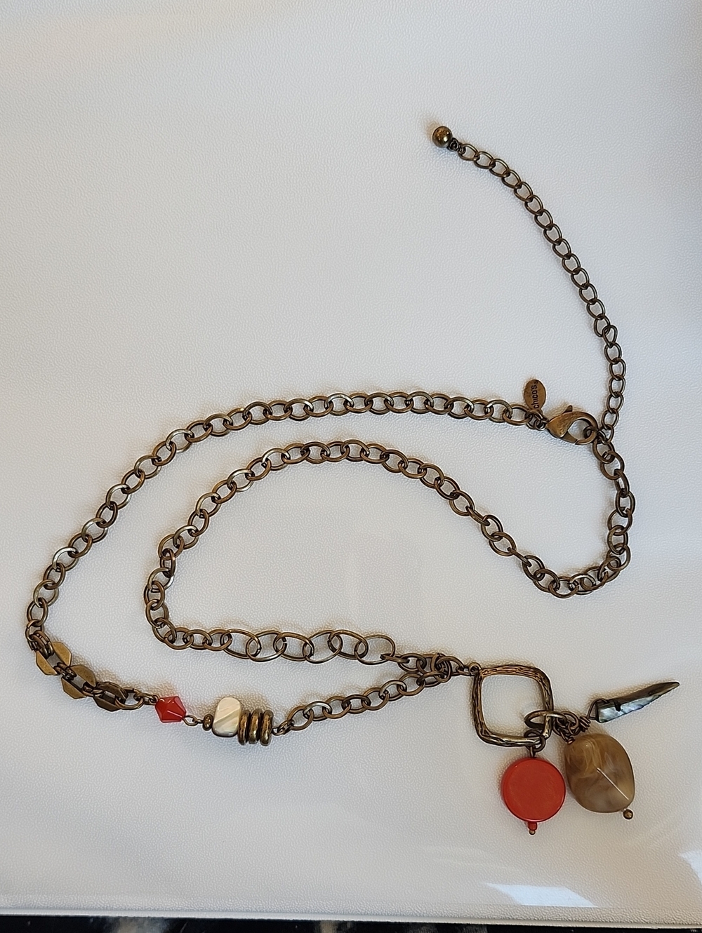 Chico's Bronze Chain Necklace with Red and Tan Charms